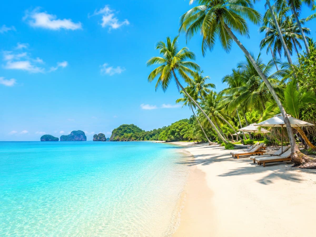 Parasols jaunes et eau turquoise sur Banana Beach
