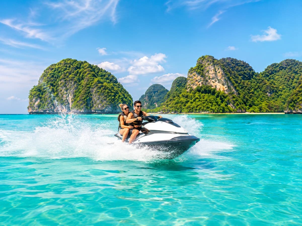 Couple en jetski devant les falaises de Phang Nga