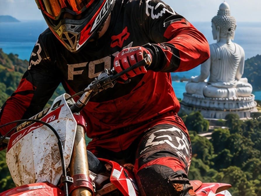 Pilote de motocross sur une piste de jungle devant le Big Buddha de Phuket